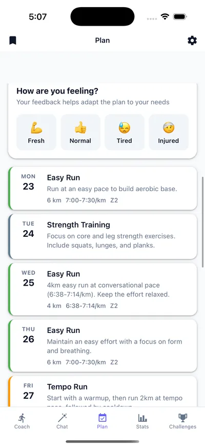 adaptive weekly workouts with paces and zones