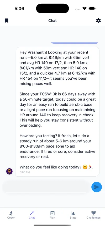 AI coach chat referencing recent synced runs