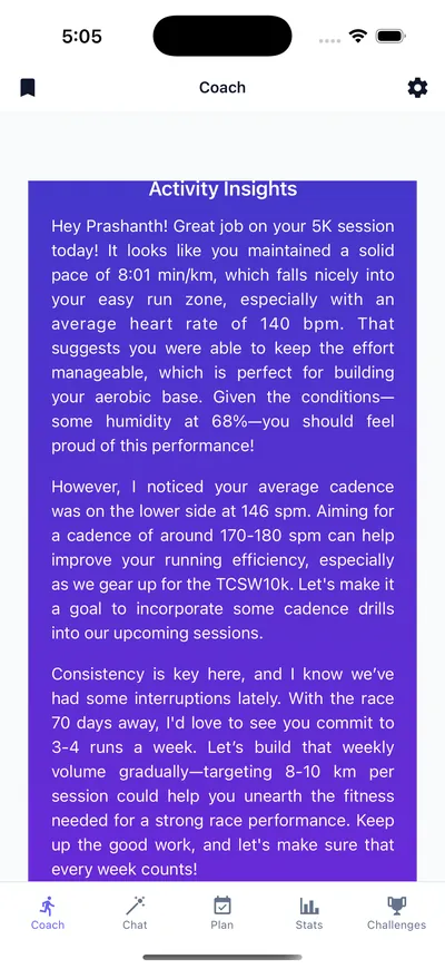AI coaching insights generated from a Strava-synced run