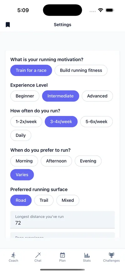 runner profile setup with experience level and days per week