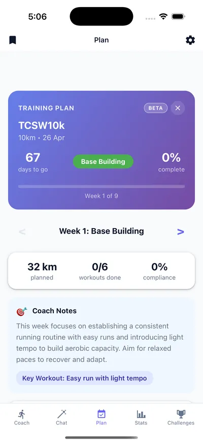 AI-generated training plan with race countdown and phases