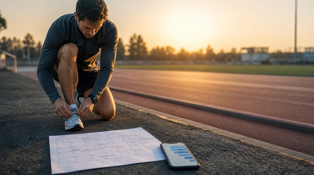 Runner comparing a paper training plan with an adaptive digital running plan at sunrise