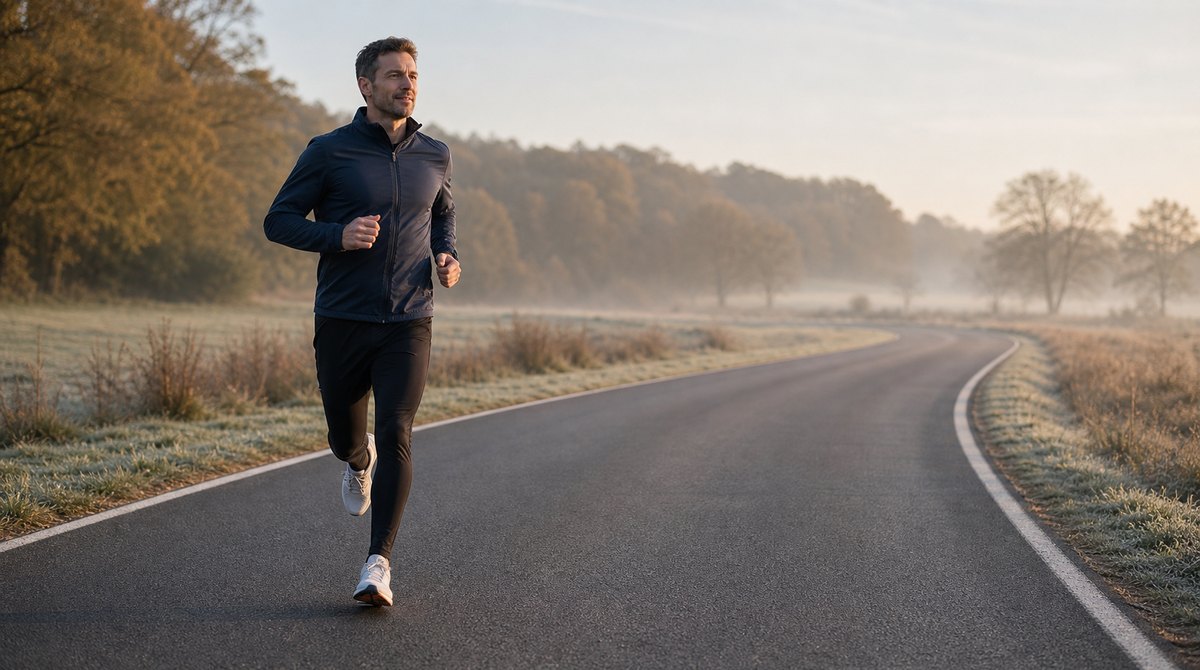 Runner building aerobic base on a quiet morning road without race pressure