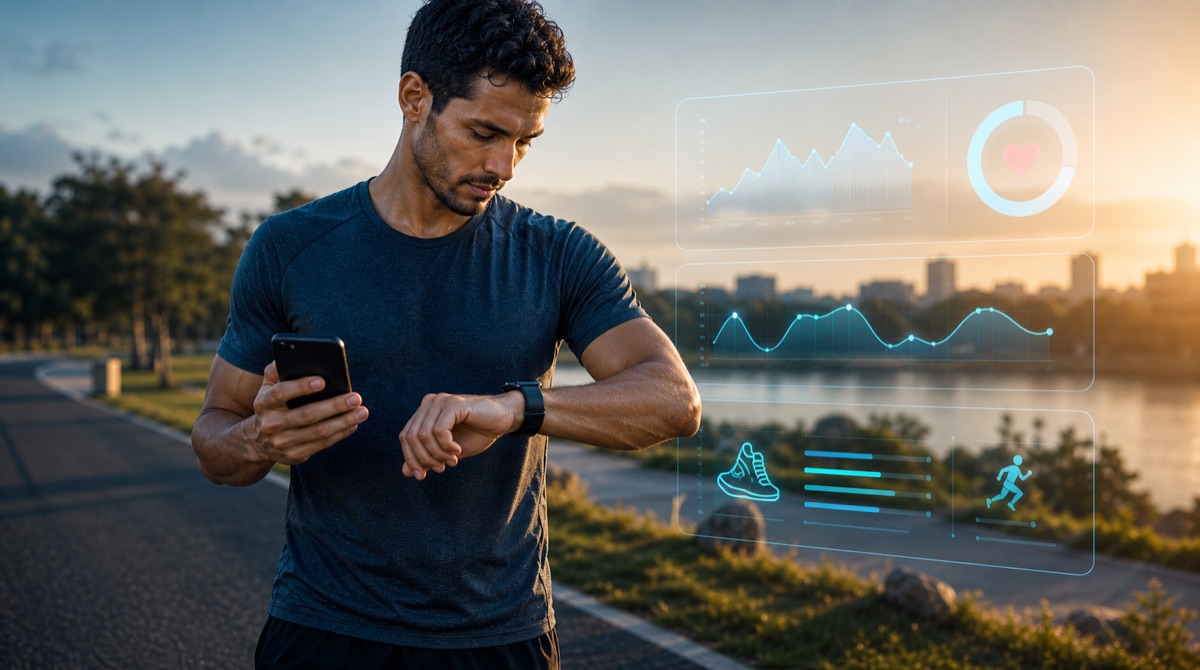 Runner reviewing Apple Health-style training data from a generic smartwatch and phone