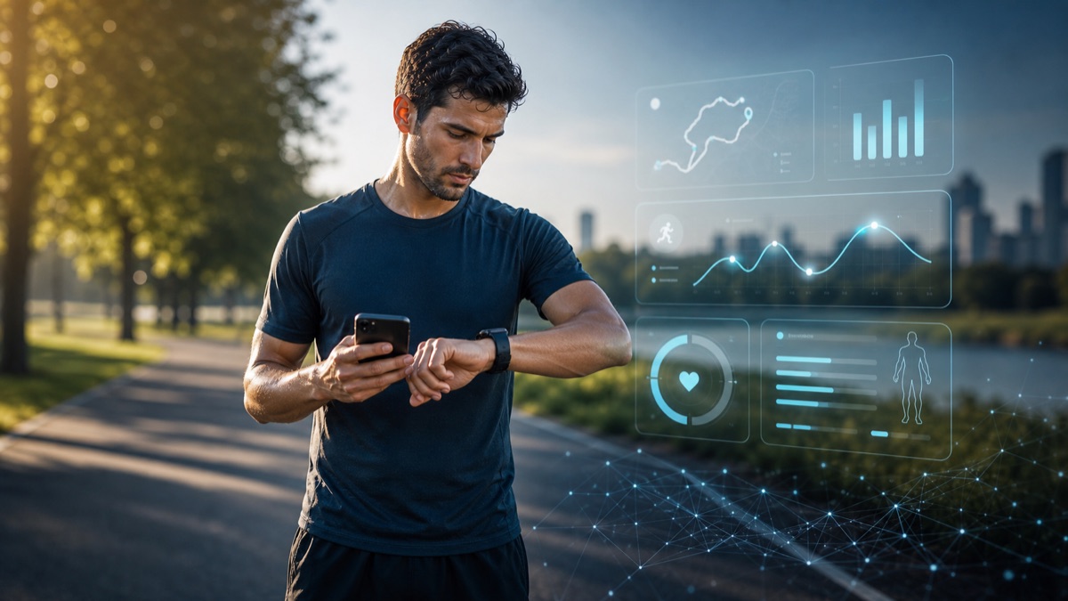 Runner reviewing AI coaching data from a generic GPS watch and phone