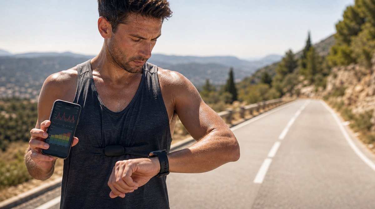 Runner reviewing heart-rate focused training data from a sports watch and phone