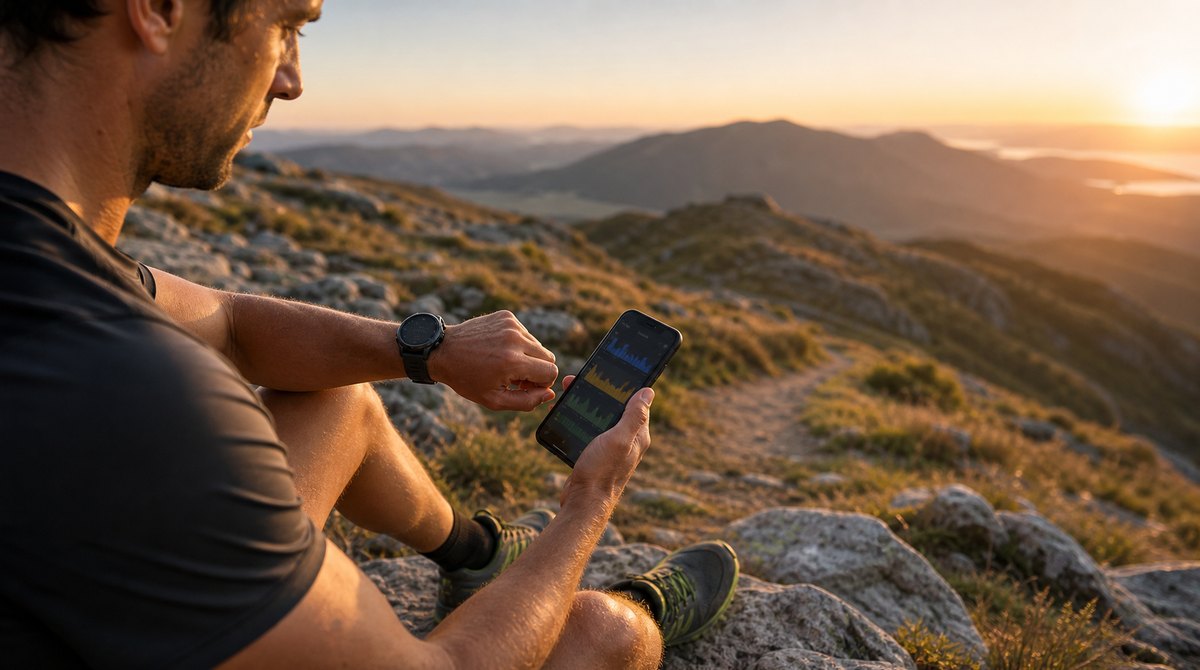 Trail runner reviewing an outdoor GPS watch and phone after a mountain run