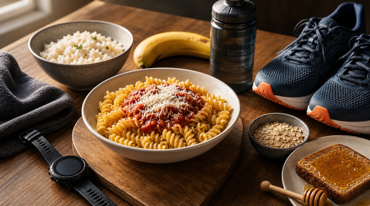Runner-friendly carb loading meal with running gear before race day