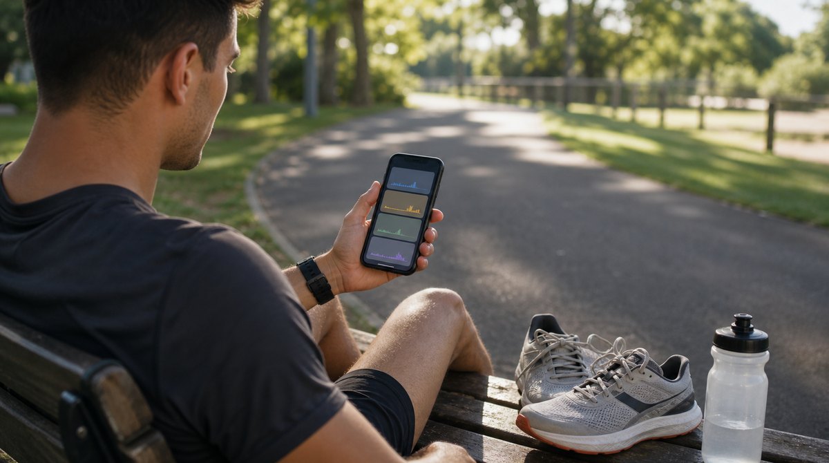 Runner reviewing generic AI coaching blocks on a phone after a park run