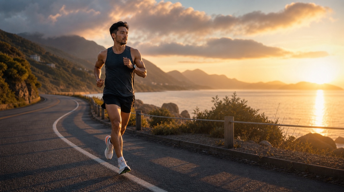 Runner racing a half marathon course at sunrise