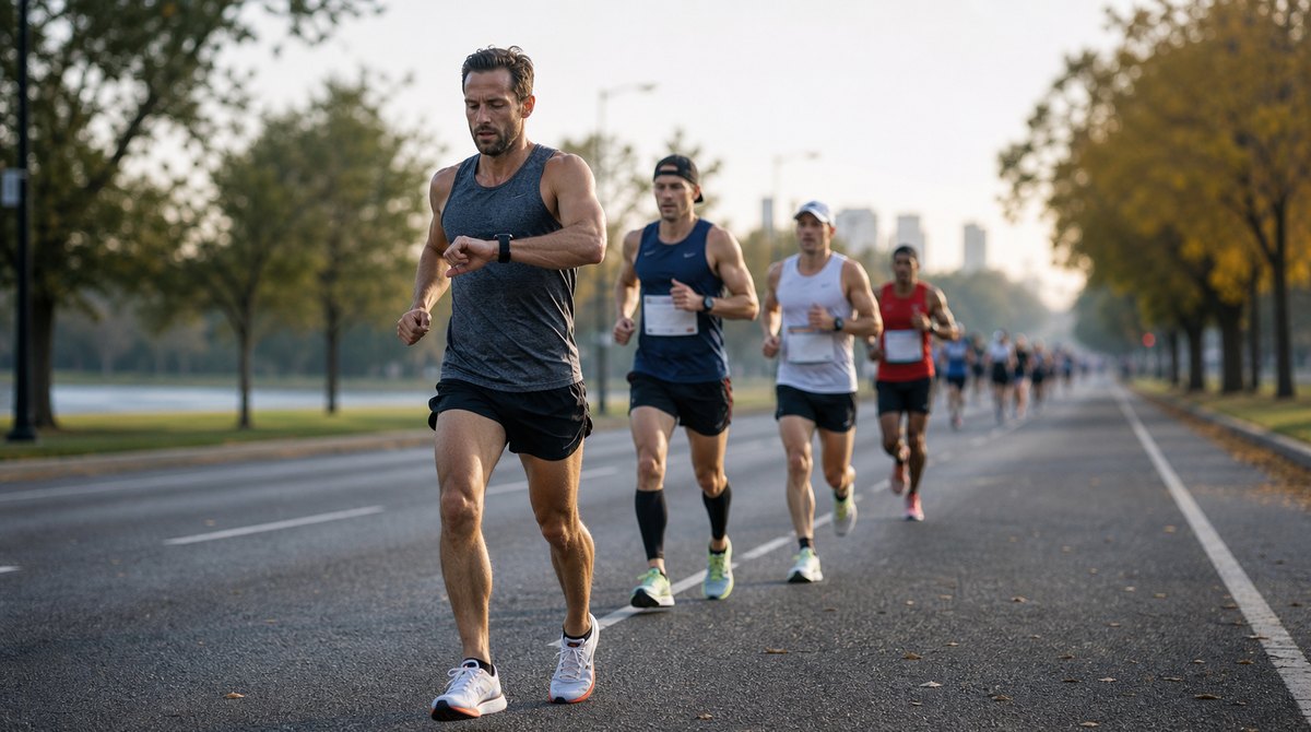 Marathon runner holding a steady pace with a small group on race morning
