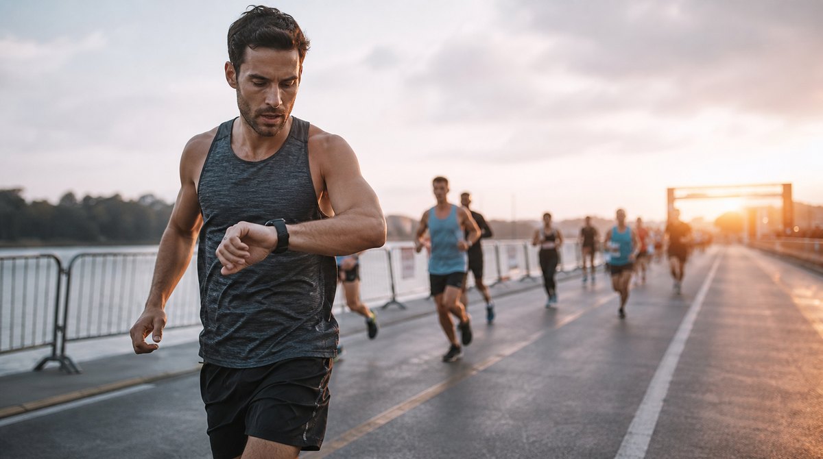 Half marathon runner checking pace during a sunrise race