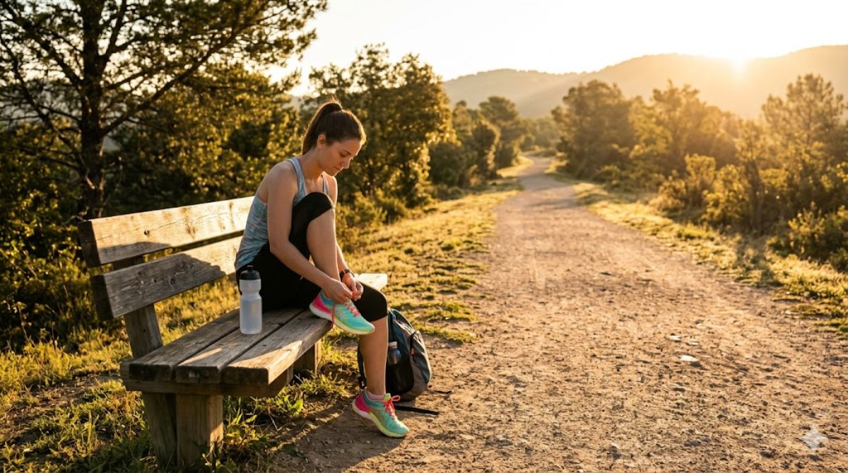 Runner lacing up shoes on a trail at sunrise