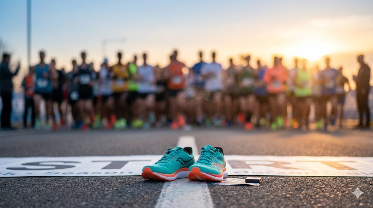 Runner crossing a 5K finish line with determination