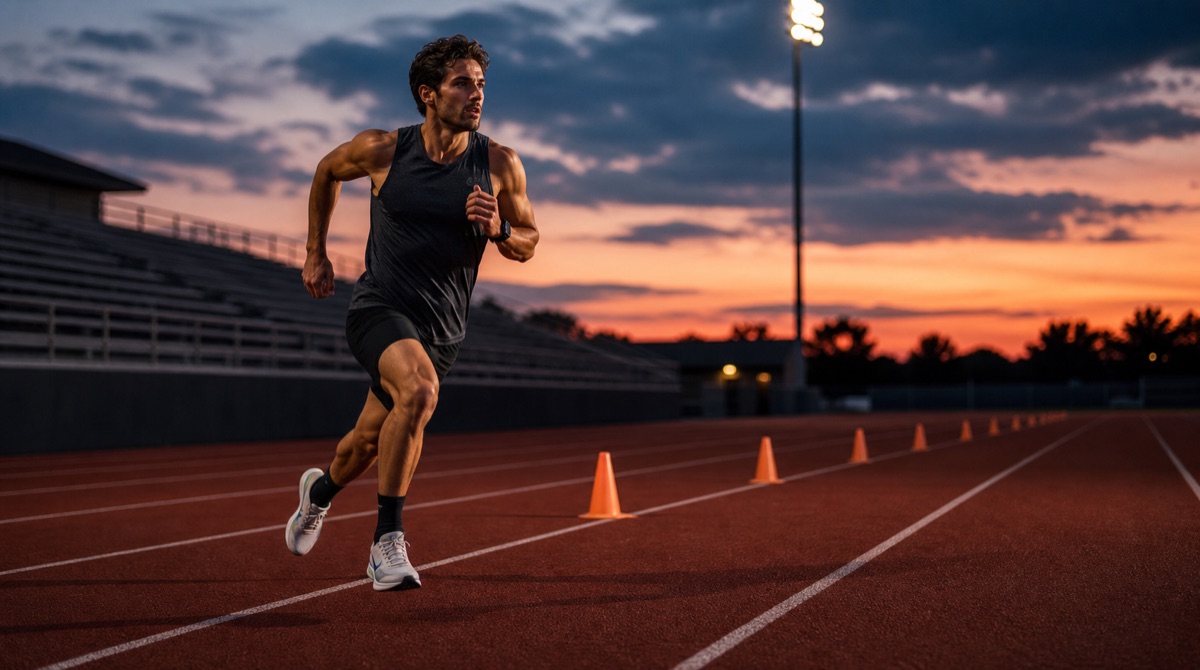 Runner doing speed work on a track at dusk