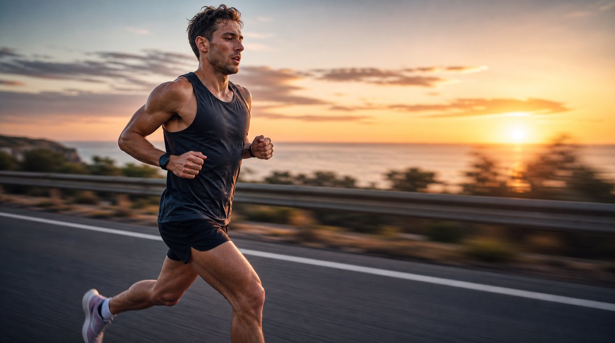 Runner holding a controlled tempo effort on a quiet road at dusk