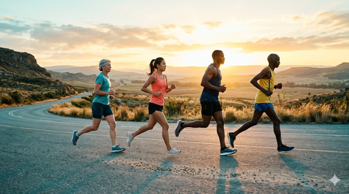 Multiple runners with different natural running gaits silhouetted at sunrise — there is no single perfect form