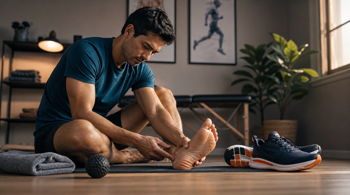 Runner stretching the foot arch and calf for plantar fasciitis recovery