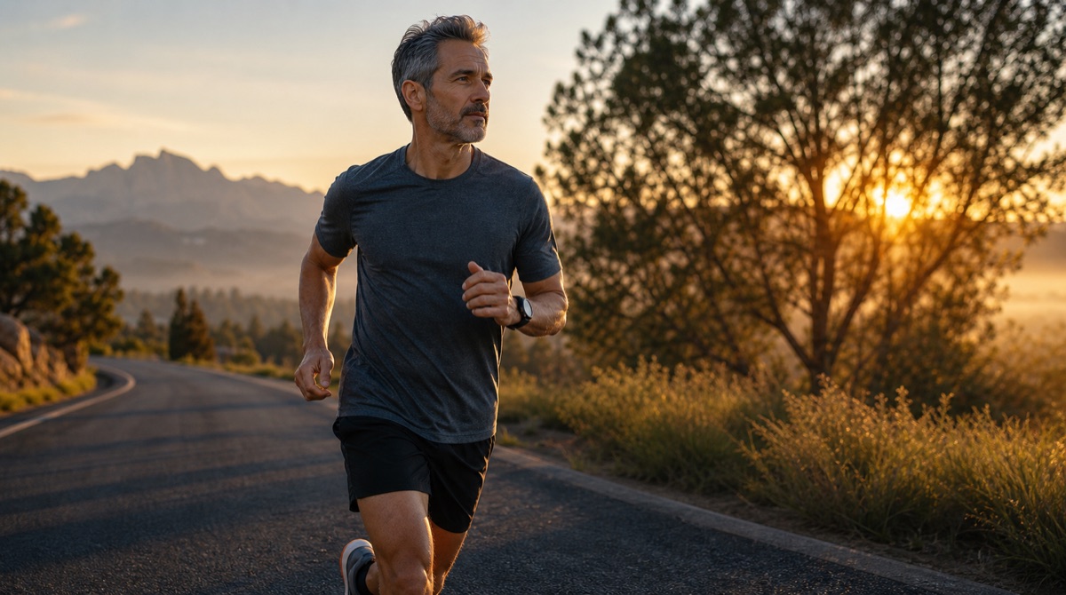 Masters runner training confidently on a morning road