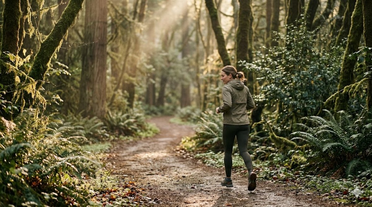 Peaceful runner jogging through a forest path at sunrise