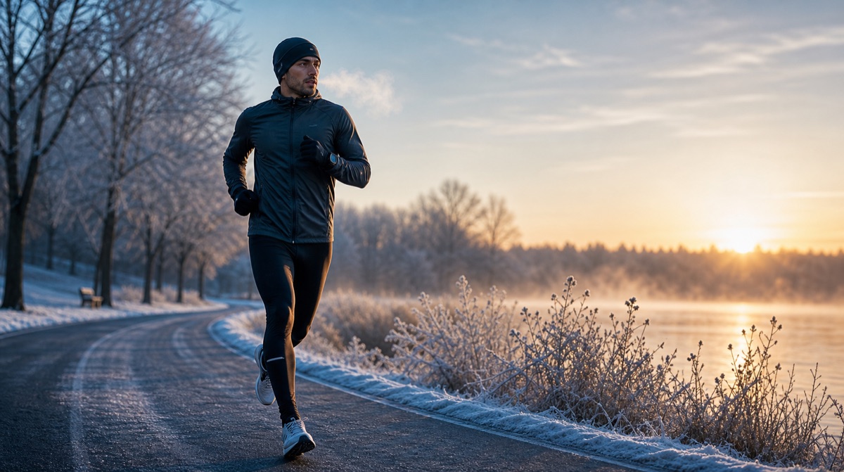 Runner training in cold winter weather with visible breath