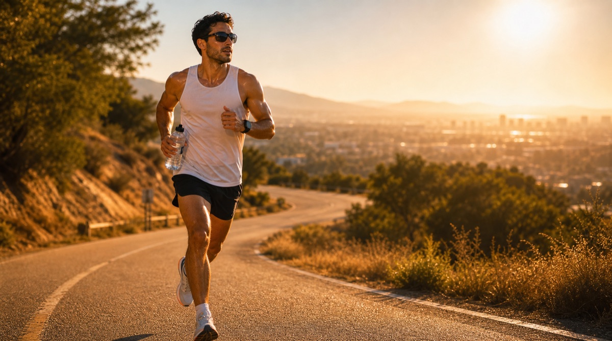 Runner training carefully in hot sunny weather