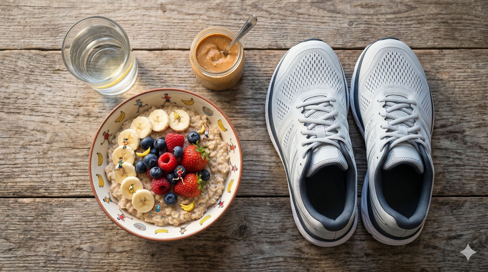 Overhead flat-lay of a runner's pre-run fuel — oats with banana and berries, water, peanut butter, and running shoes