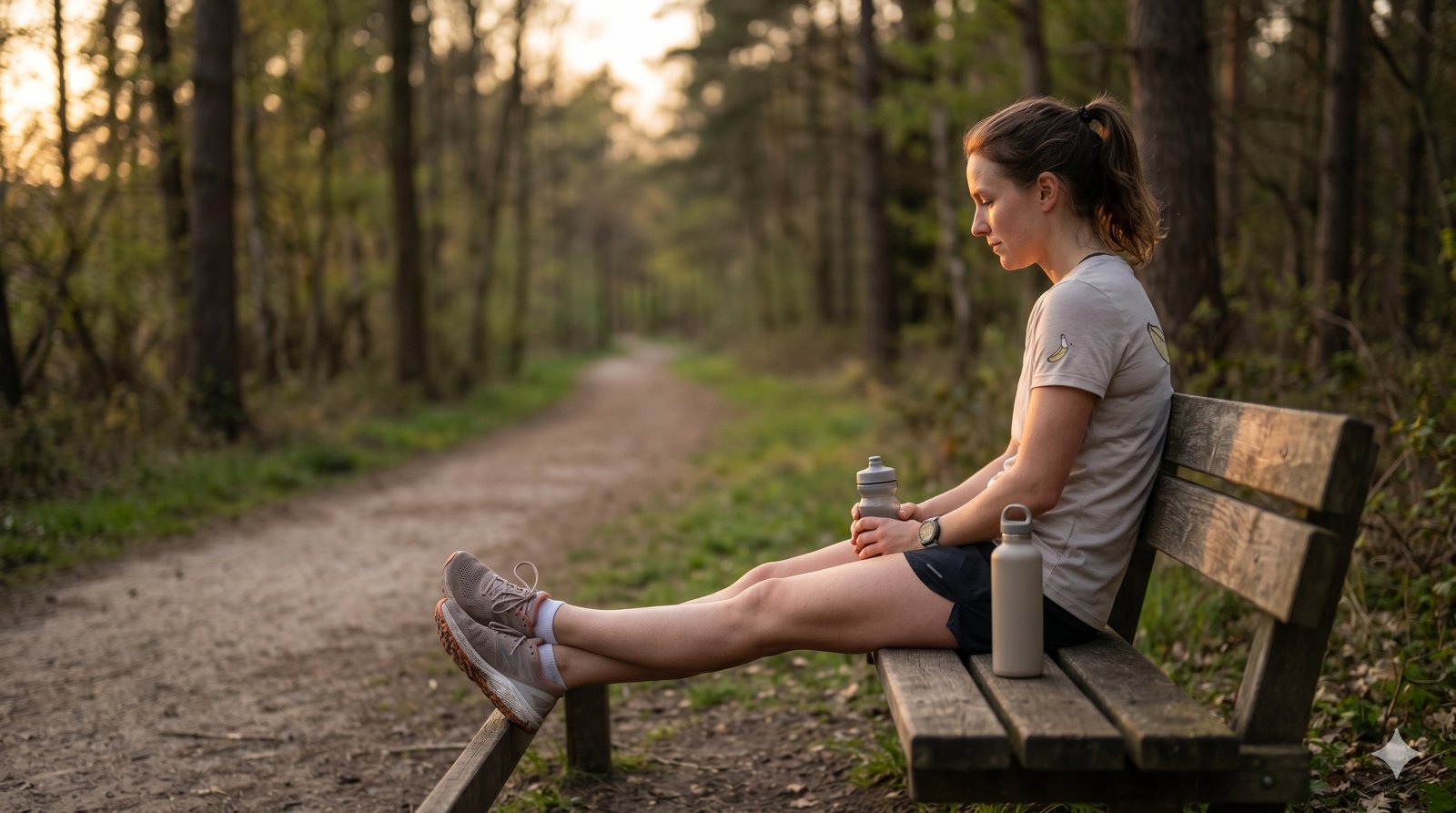 A runner resting on a wooden bench by a forest trail at golden hour