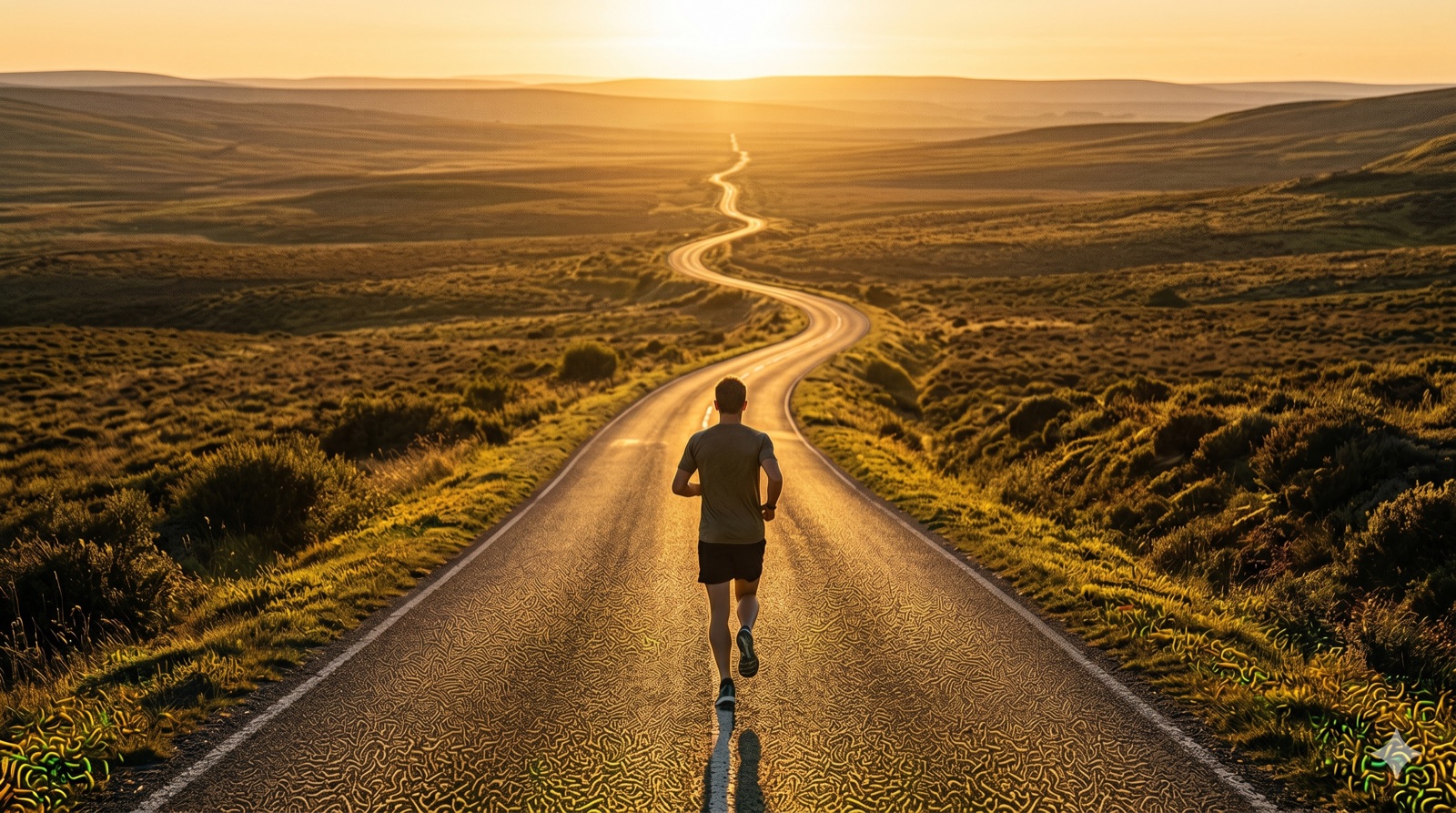 A lone runner from behind on a winding road heading into the sunset across rolling hills