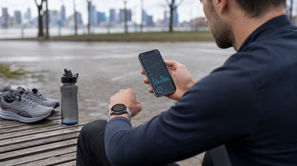 Runner comparing post-run analytics on a phone after an easy run