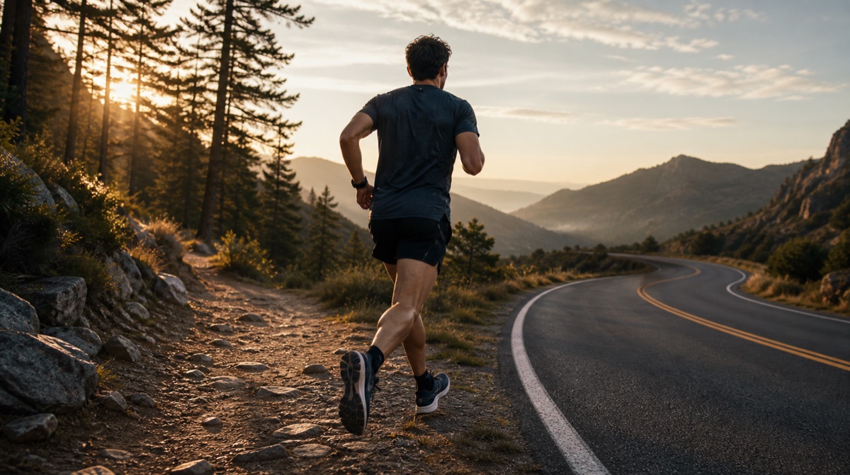 Runner moving between forest trail and paved road terrain