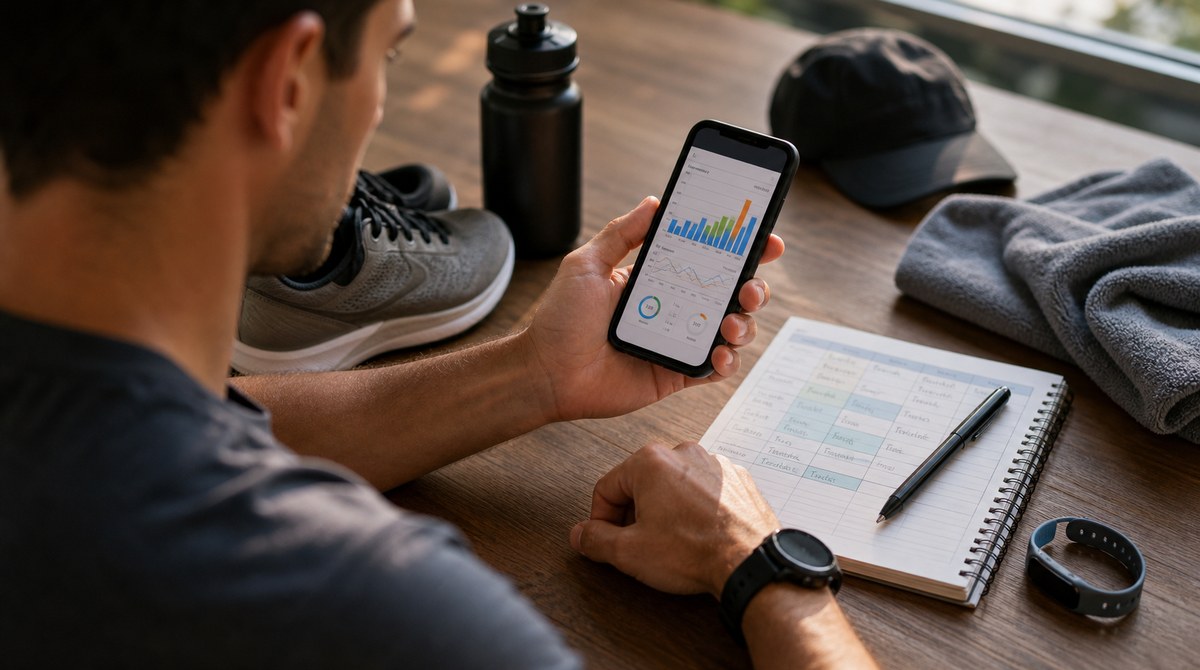 Runner reviewing a weekly training load chart on a phone after a run