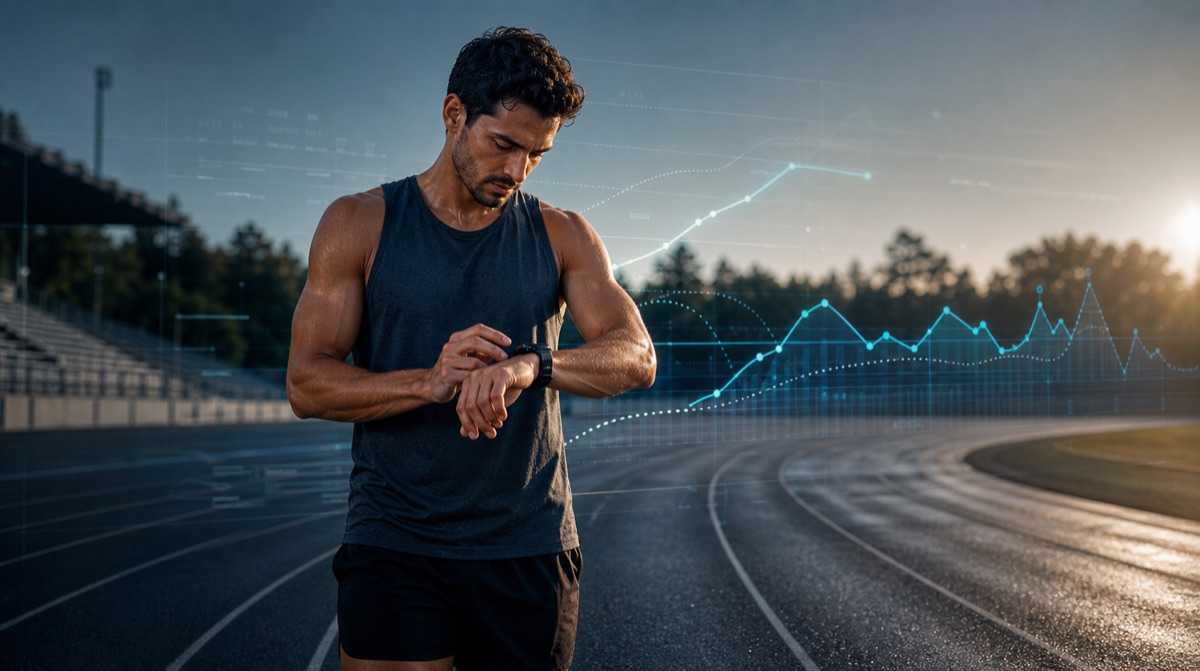 Runner checking performance data after a track time trial for VDOT training paces