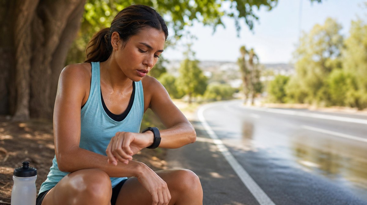 Runner checking heart rate during a warm weather road run