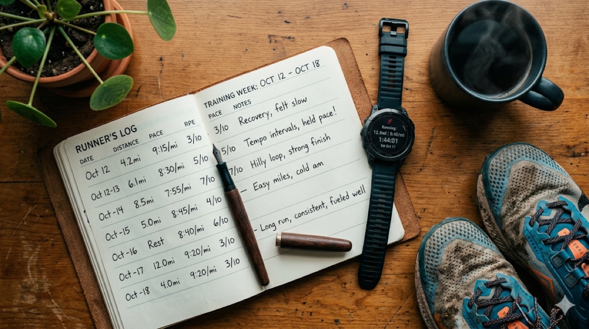 An open running notebook with a pen, GPS watch and morning coffee — a runner's daily training log